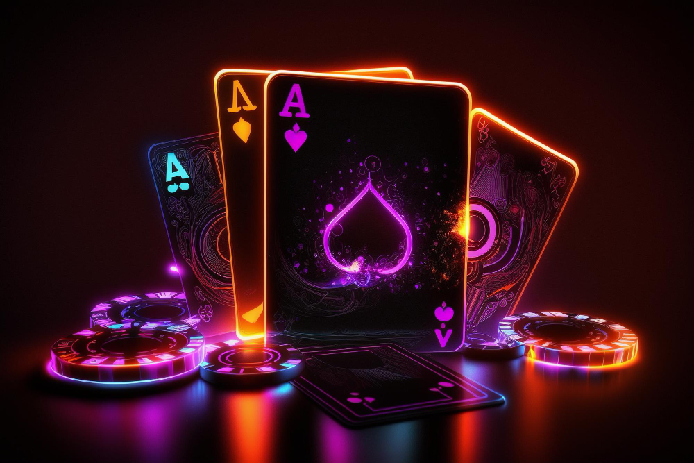 Neon playing cards and casino chips